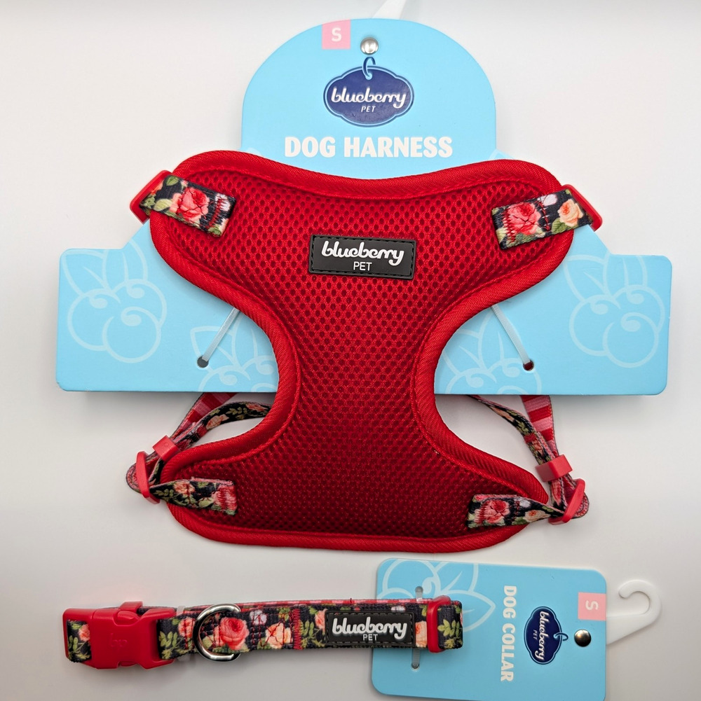 Blueberry Pet Mesh Soft Vest Dog Harness & Collar Set Red Floral Rose Size S Adj